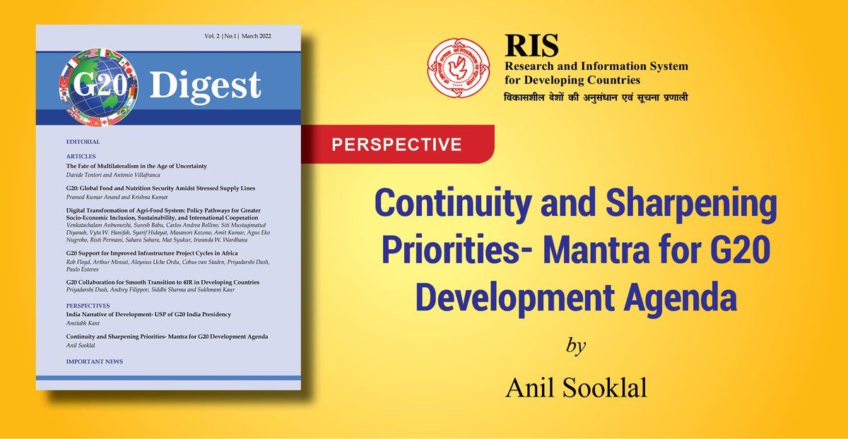 The March edition of @g20digest, @RIS_NewDelhi's peer-reviewed quarterly journal dedicated to issues & topics related to the #G20 ends with the perspectives from India's #G20 Sherpa @amitabhk87 & South Africa's #BRICS Sherpa @anil_sooklal. @G20_India @Sachin_Chat @pdash76 @g20rg