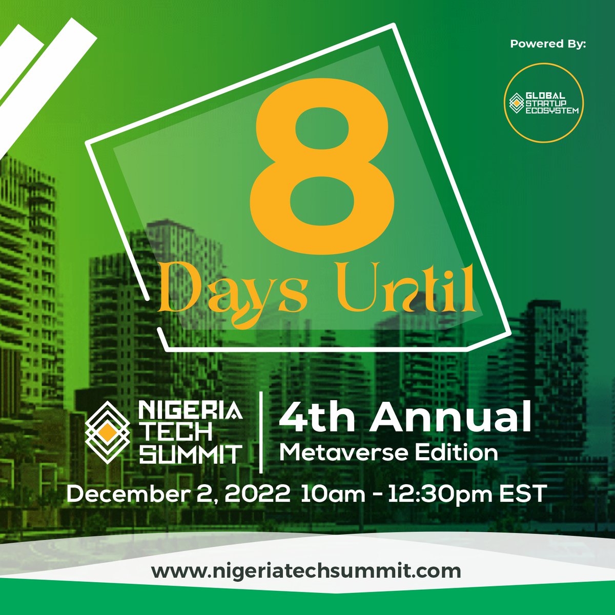 Nigeriatechx's tweet photo. ***Countdown
Join us for the 4th Annual Nigeria Tech Summit (Metaverse Edition). Happening on December 2, 2022. An initiative hosted by the Global Startup Ecosystem.

**** RSVP For Free via:https://t.co/ZrJzn5BC9A
#nigeriatechsummit22
#metaverseedition https://t.co/qJbi5HxQIO