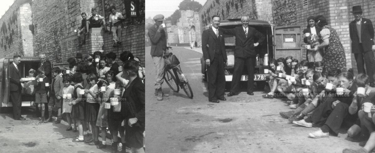 Did you know Cadbury’s delivered hot chocolate to air-raid shelters in Southampton during the Blitz? These photos show a delivery van giving warm drinks to grateful adults and children #SotonAfterDark #WW2 #Chocolate #Blitz #Southampton