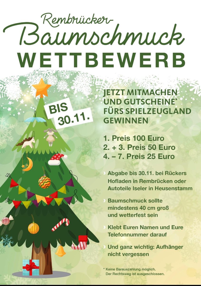CDU Heusenstamm (@cduheusenstamm) on Twitter photo Dieses Jahr findet wieder der Rembrücker Baumschmuckwettbewerb statt.
Macht mit. Es gibt wieder tolle Preise zu gewinnen. Wir freuen uns auf Eure Einsendungen. Dieses Jahr findet wieder der Rembrücker Baumschmuckwettbewerb statt.
Macht mit. Es gibt wieder tolle Preise zu gewinnen. Wir freuen uns auf Eure Einsendungen.