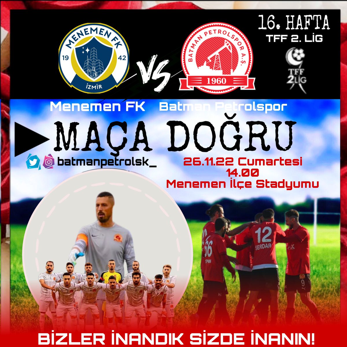 🏆MAÇA DOĞRU

🆚 Menemen FK
🗓 26 Kasım Cumartesi 
🕗 14.00
🏟 Menemen İlçe Stadyumu
📲 #MFKvBPS #TFF2