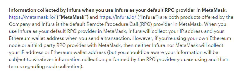 DeFi_Cheetah's tweet photo. Metamask just updated to its privacy policy on Nov 23
Gist: when sending a transaction, Infura as your default RPC provider in MetaMask will collect your IP address to link with your Ethereum wallet address!

What's Infura and how to protect on-chain privacy?
🧵👇👇 https://t.co/aRNjzSsRBk