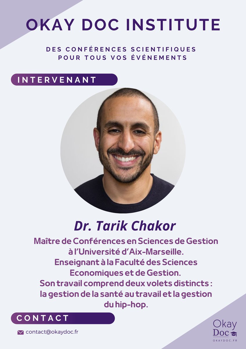 Okay Doc Institute & Phd Career👌🎓 (@okay_doc) on Twitter photo Découvrez notre conférencier scientifique de la semaine, Dr. <a href="/tarik_chakor/">Tarik Chakor</a> 👀
Son profil 👉 okaydoc.fr/tarik-chakor-d…
#conference #QVT #burnout #télétravail Découvrez notre conférencier scientifique de la semaine, Dr. <a href="/tarik_chakor/">Tarik Chakor</a> 👀
Son profil 👉 okaydoc.fr/tarik-chakor-d…
#conference #QVT #burnout #télétravail