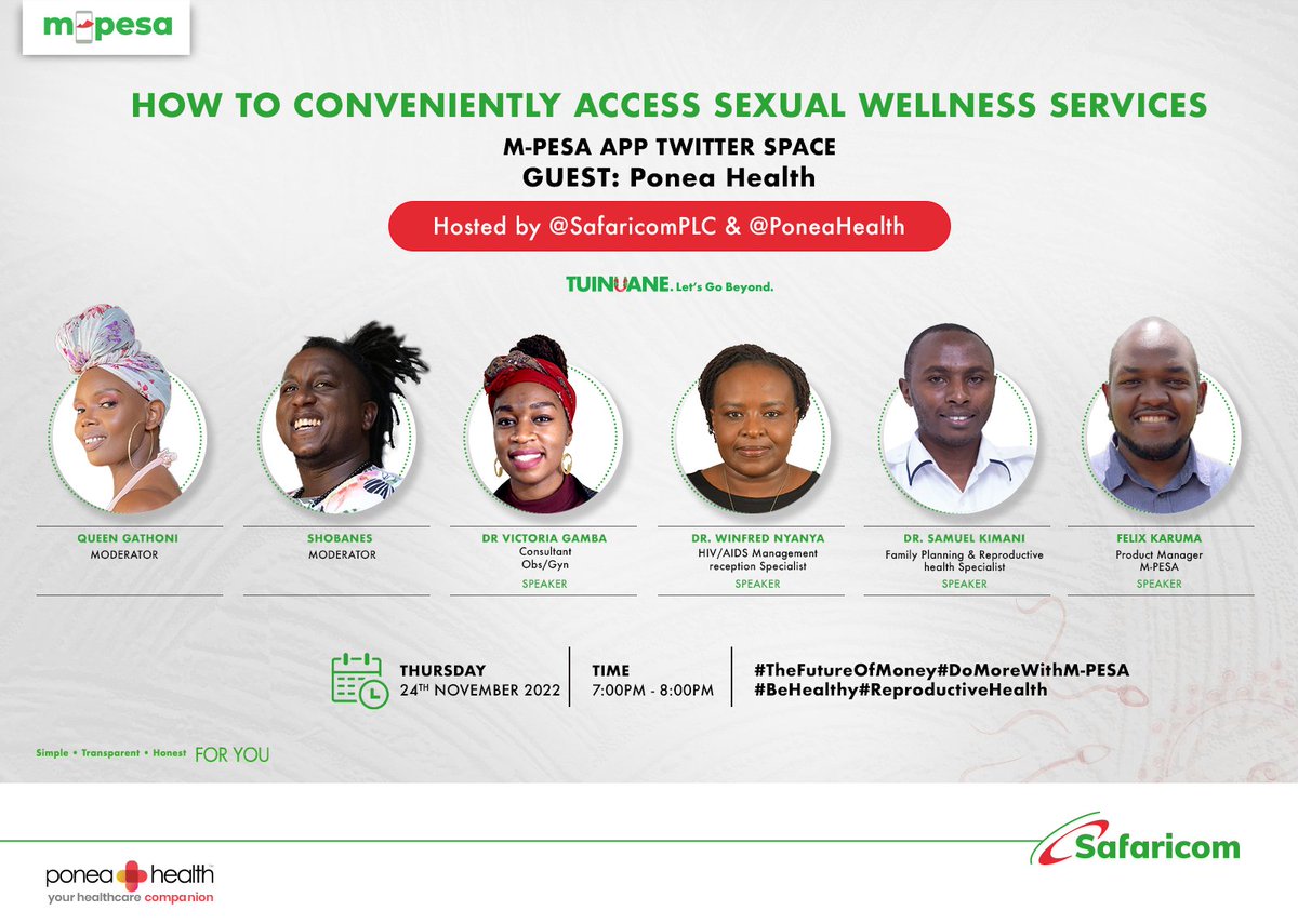 Kenyans's tweet photo. Join @SafaricomPLC's Twitter Space today at 7PM in conjunction with @PoneaHealth
for an engaging conversation on sexual health &amp; how to conveniently &amp; discreetly access sexual wellness services via the M-PESA App.  #DoMoreWithMPESA #AD
Set a reminder here: https://t.co/PY2g1xEVVt https://t.co/hhji51ZV09