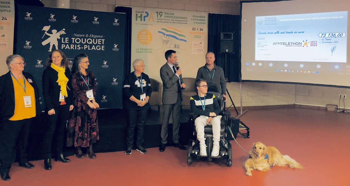 FNHPA_Officiel's tweet photo. Un moment fort à l’occasion de l’AG plénière de la @FNHPA au salon EquipHPA du #Touquet. Remise d’un chèque de 73 136€ au @Telethon_France dans le cadre du partenariat avec la #FNHPA en présence de Léo et son père Stéphane qui pratiquent le #camping 🏕 chaque année ! #solidarite https://t.co/JgqEuB5Ixc