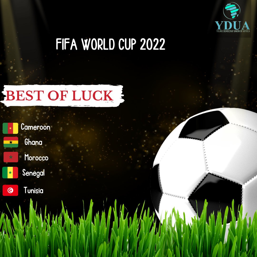 YDUA_AFRICA's tweet photo. We wish the best of luck to the African national teams participating in  the #FIFAWorldCupQatar2022
Cameroon 🇨🇲
Ghana 🇬🇭
Morocco 🇲🇦
Senegal🇸🇳
Tunisia 🇹🇳
#Football⚽⚽ #Africa 💪🏼💪🏼 #FIFAWorldCup2022 #FIFAWorldCupQatar2022 https://t.co/FsnTb2dAi0