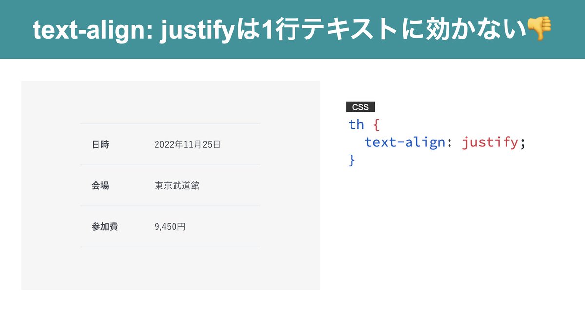 tonkotsuboy_com's tweet image. 一行テキストの両端揃え。

text-align: justifyはNG🙅‍♀️
最終行を除いた両端揃えであり、1行テキストは両端揃えにならない。

IE時代は苦肉の策で全角スペースを使っていた🤮

現代ならtext-align-last: justify;

明日話します。
cssnite.doorkeeper.jp/events/141697

#css #codershigh2022 #脱IE時代のモダンCSS
