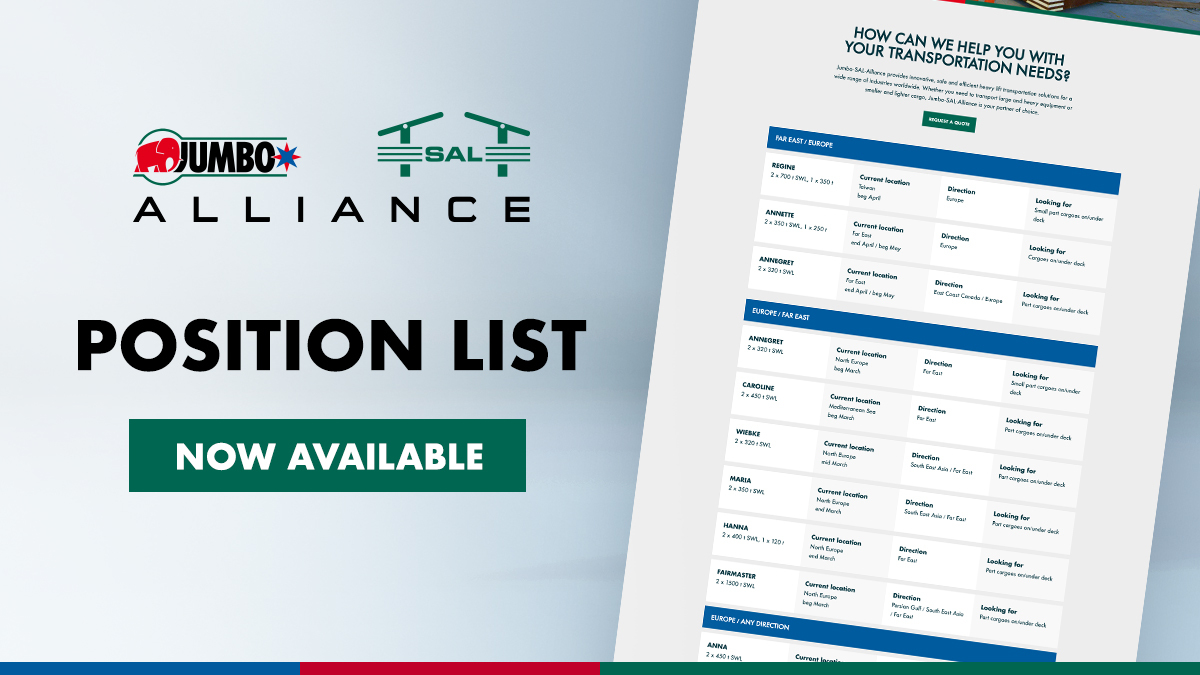 Find out where our vessels currently are and what space is still available on this week's Jumbo-SAL-Alliance position list: bit.ly/3m3DtmU And don’t hesitate to get in touch with us: jumbo-sal-alliance.com/contact/ We look forward to finding the right transport solution for you!
