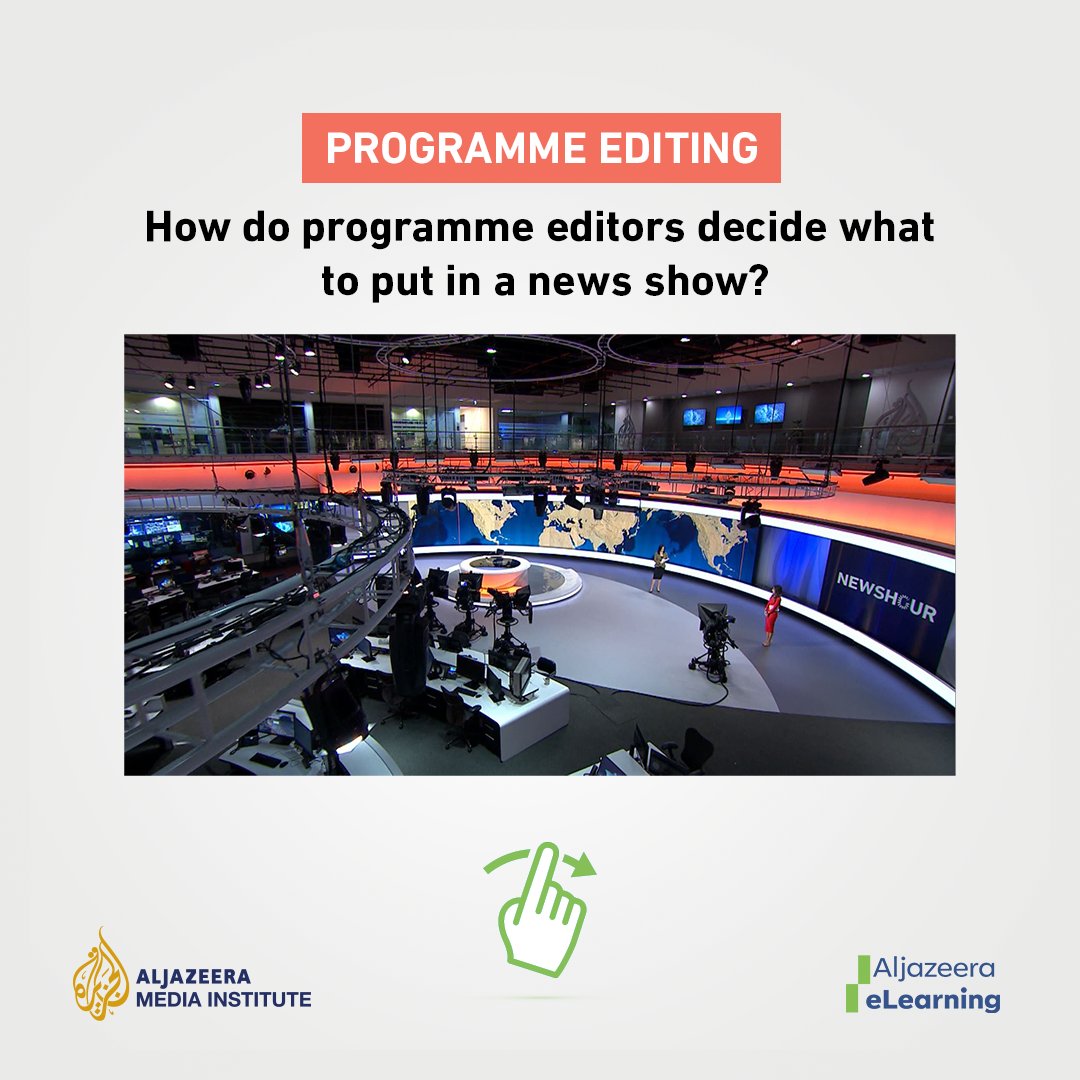 AJeLearnEN's tweet photo. Which news stories go into the news show?
Learn how to edit TV news programmes by enrolling in Al Jazeera's e-Learning course with Jennifer Bragg: https://t.co/diAgdmI7I9
@AJMInstitute @jennjourno @AJeLearnEN #AlJazeera_eLearning #eLearning #ProgrammeEditing #TVNews #BreakingNews https://t.co/6pX8z5e4rA