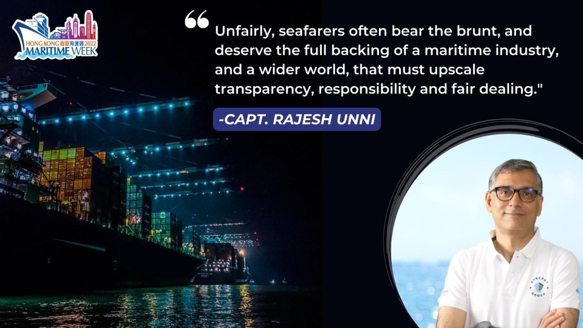 SynergyGroup06's tweet photo. In his keynote address at the Hong Kong #Maritime Week, our CEO @Capt_Unni said "#Seafarers often bear the brunt of #Corruption  &amp; deserve the full backing of #Shipping industry &amp; a wider 🌎, that must ⬆️transparency, responsibility &amp; fair dealing.
Read on https://t.co/GgKFlxrSdg https://t.co/RmPCuPDXYE