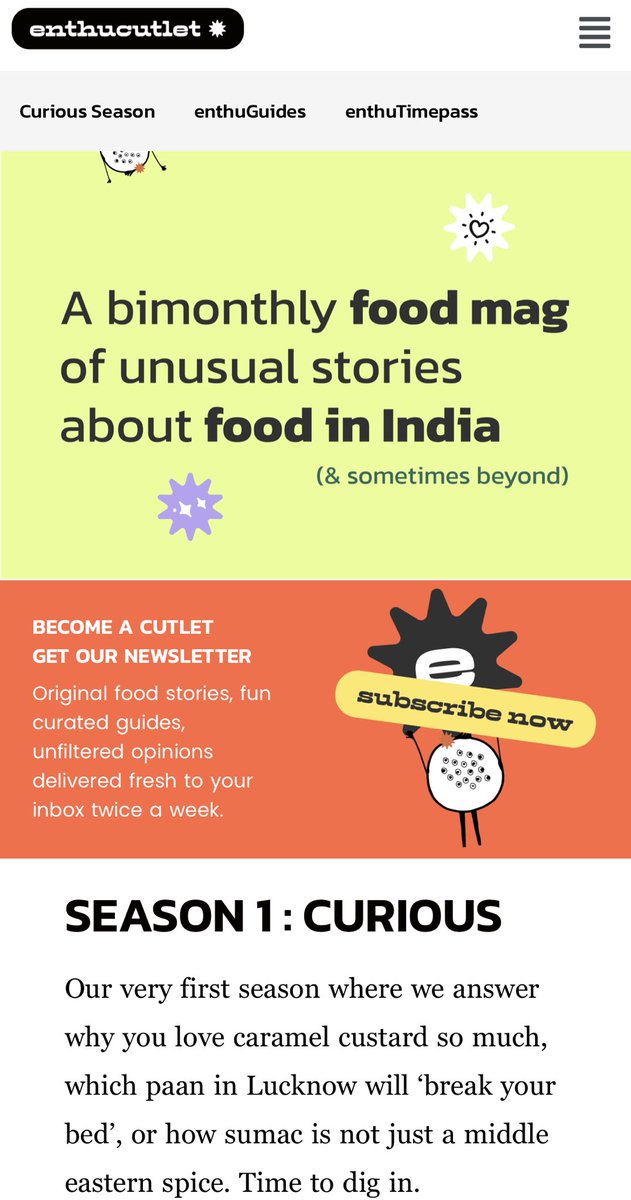 PushkarrajM's tweet photo. New work!
Super stoked to help launch enthucutlet - a bimonthly food magazine of unusual food stories about food in India.
Cheggit: https://t.co/BNA690cC9G
#enthucutlet #foodmagazine #indianfood
#talkingtobots https://t.co/SgTSkxTX7d