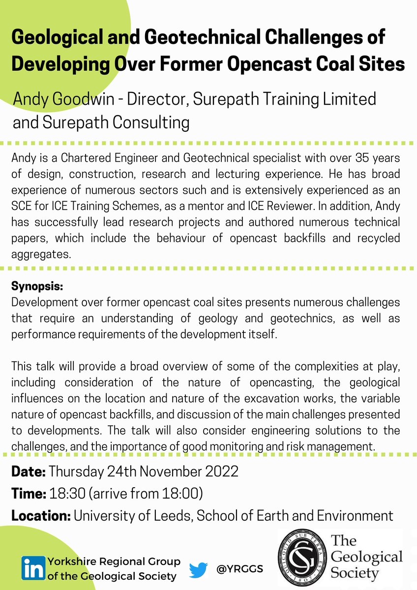 REMINDER - Tonight's Event @ 6:30pm

Andy Goodwin will be presenting on the topic of 'Geological and Geotechnical Challenges of Developing Over Former Opencast Coal Sites'.

The talk will start at 6:30pm at the University of Leeds in the School of Earth and Environment Building.