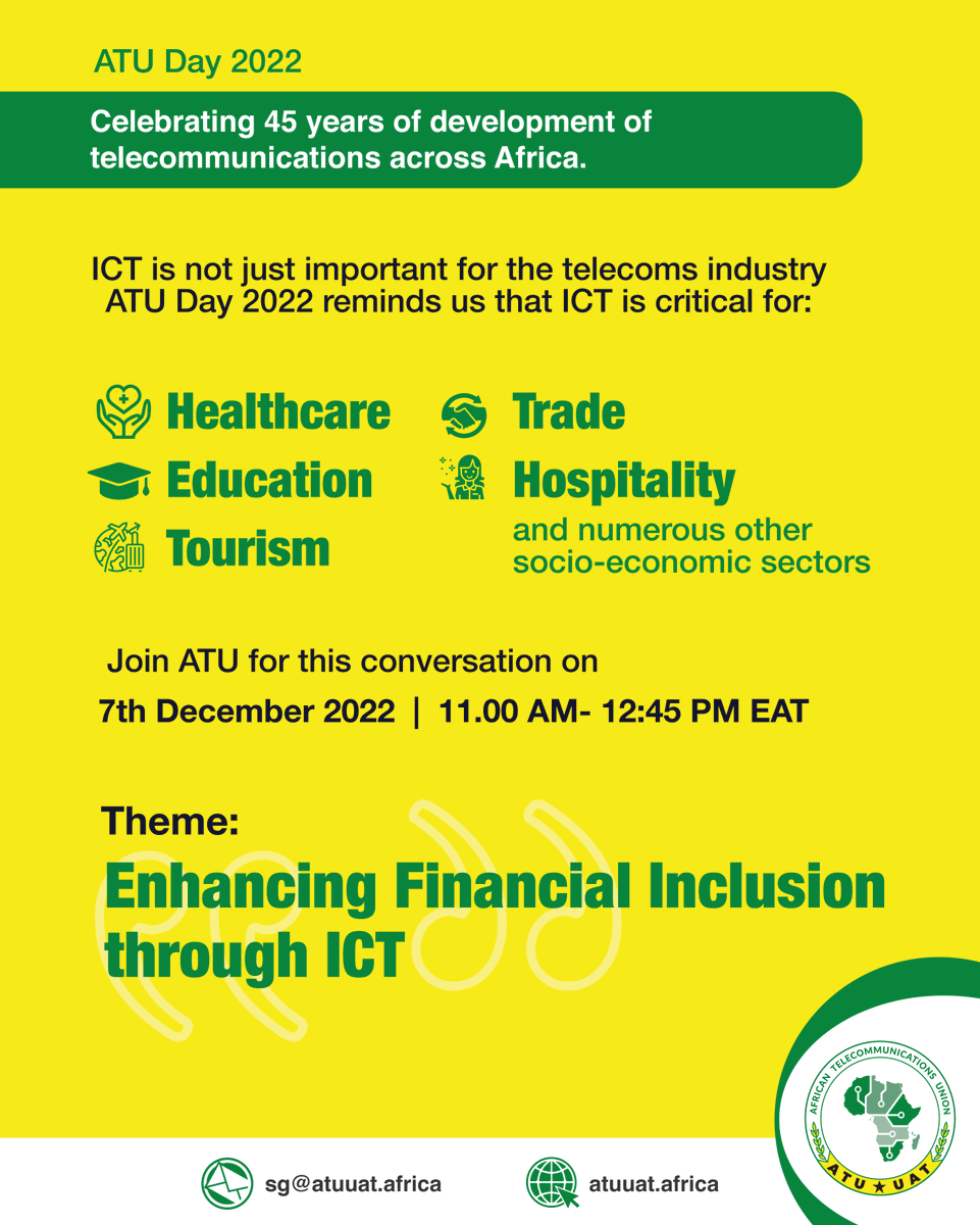 atu_uat's tweet photo. Whether ‘Financial Inclusion through ICT’ is today’s reality is not up for debate. That is why we must work together across industries to realise this future. Join us for this conversation on 7th Dec. Click https://t.co/TzTXX1QX9k to register
#ATUDay
@CRANamibia @NgComCommission https://t.co/cyfPVcKUAI