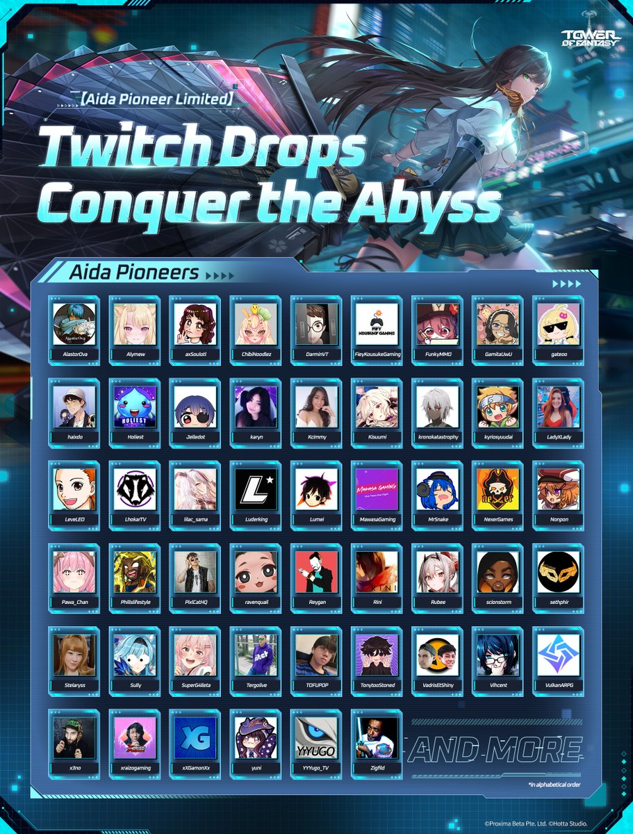Tower of Fantasy x Twitch Drops event is LIVE! 💡

Let's conquer the abyss with Aida Pioneers. Watch their live-streams on Twitch to unlock special drops!

For more information, please visit: toweroffantasy-global.com/news-detail.ht…

#TowerofFantasy
