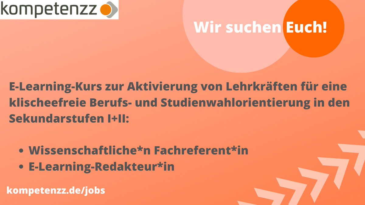 Für unser Projekt „E-Learning-Kurs zur Aktivierung von Lehrkräften für eine #klischeefrei|e Berufs- und #Studienwahlorientierung in den Sekundarstufen I+II“ suchen wir eine*n Wissenschaftliche*n Fachreferent*in/E-Learning-Redakteur*in (w/m/d), 39 h/Woche. kompetenzz.de/kompetenzz/job…