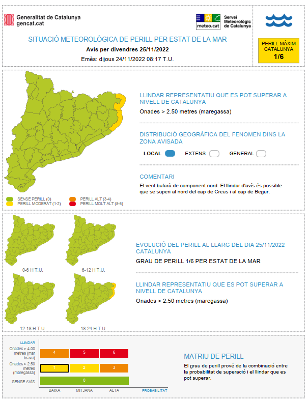 meteocat's tweet photo. ⚠ El Servei Meteorològic de Catalunya emet avís de situació meteorològica de perill (#avisosSMP) per estat de la mar⚠

➡ Dv. 18:00 - Ds. 06:00 TU

➡ Possibilitat d’onades > 2,5 m

➡ Grau de perill màx. 🟡 1/6

⏲ Hora local (h) = TU+1 https://t.co/f1dftzbRLF