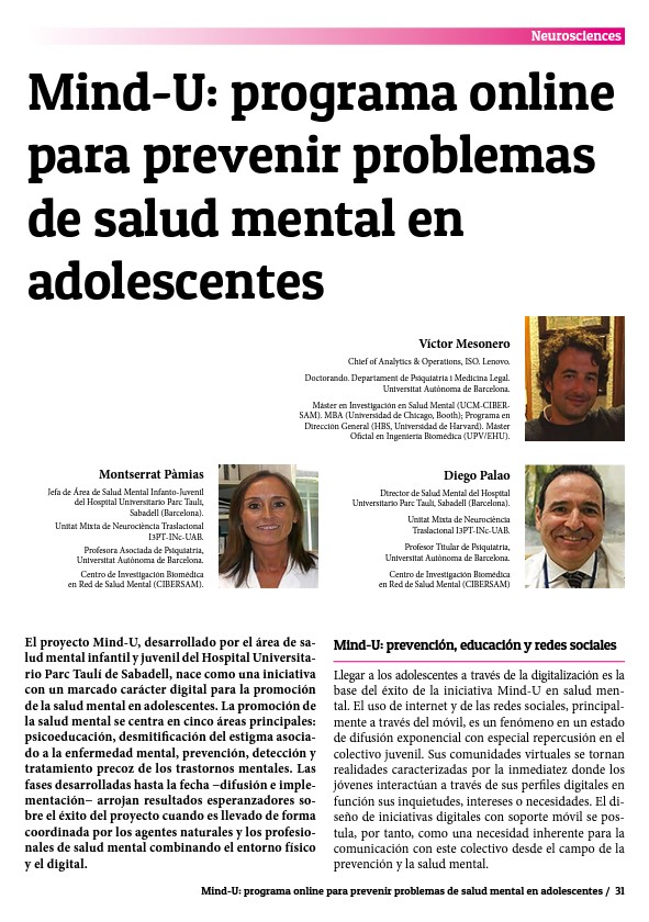 WeMindCluster's tweet photo. 🧠 #BRAINSJournal, artículo sección #Neurosciences: Mind-U: programa online para prevenir problemas de salud mental en adolescentes
🗣️ Víctor Mesonero, @MontsePamiasM, @DiegoJPalao
(@LenovoES, @UABBarcelona, @parctauli, @CIBER_SAM, @INC_UAB, @I3ptT)
➡️ https://t.co/cRYZk96zYH https://t.co/7yNIDamTHt