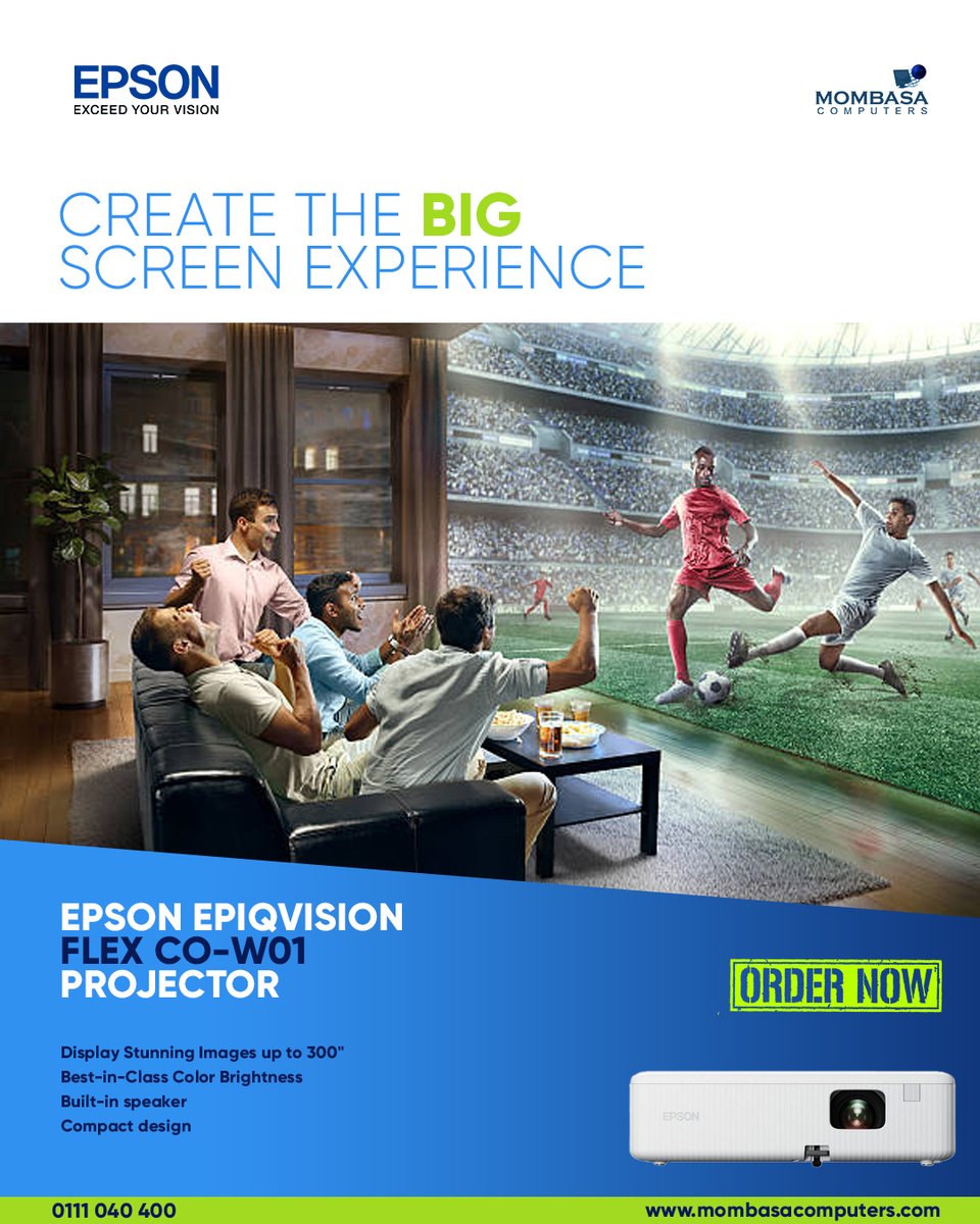 Don't miss any #WorldCup game while we are here and can help, Create the BIG SCREEN experience this football season with the #Epson Epiqvision CO-W01 Projector. For your business, institution or mansion get the projector and enjoy every match. #WeAreIT
