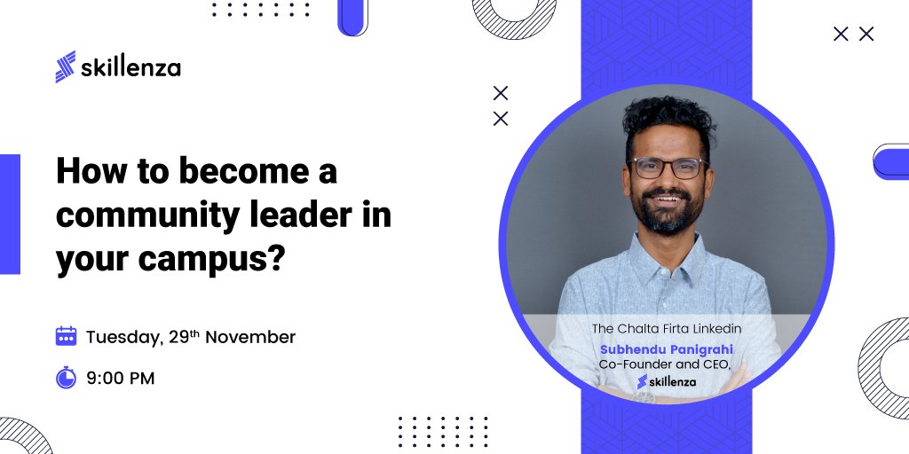 skillenza's tweet photo. Then, Join us on LinkedIn Live with  @Subhendu Panigrahi (Co-Founder and CEO, Skillenza)  next Tuesday (29 November 2022) from 9 p.m. to 10 p.m. and we will have all your questions answered. 

Register here: https://t.co/4OT3vSFPAx

#community #students #colleges https://t.co/sg8Md5W6wi