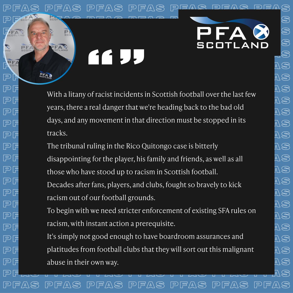 PFA Scotland statement from Fraser Wishart on Rico Quitongo's unsuccessful racial discrimination claim - full statement from Fraser and Rico here ➡️pfascotland.co.uk/pfa-scotland-s…