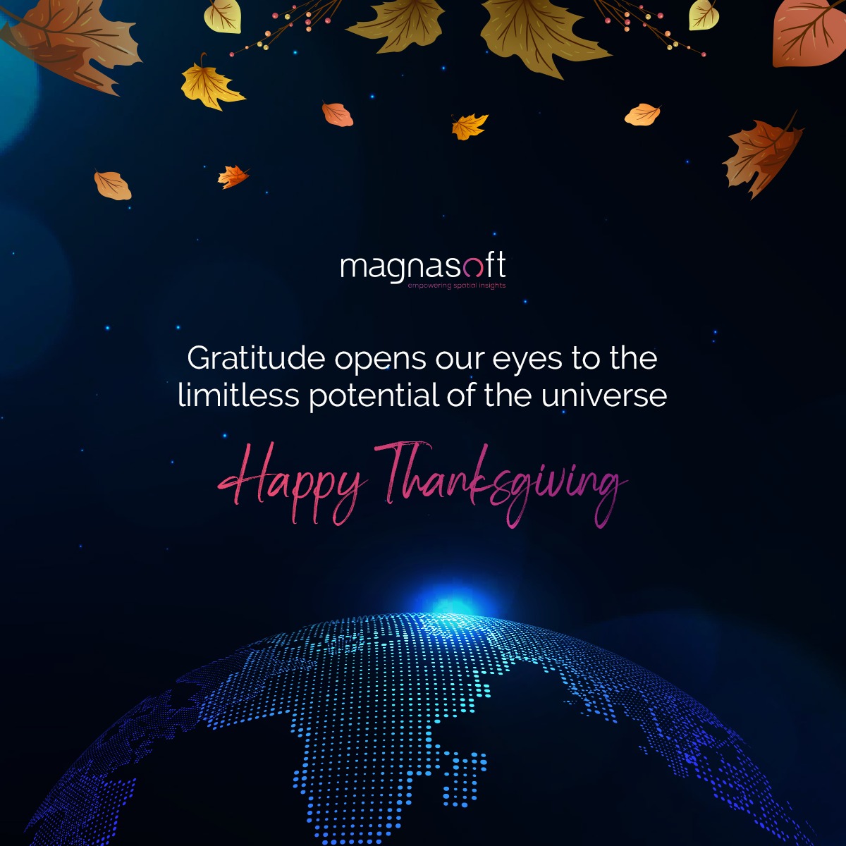 As we count our blessings this Thanksgiving, we're extra thankful for our amazing clients, partners, and employees. We wish you all a safe and Happy Thanksgiving! . #thanksgiving22 #happythanksgiving #geospatial #3dmapping #digitaltwintech #telecommunications #telecom #magnasoft