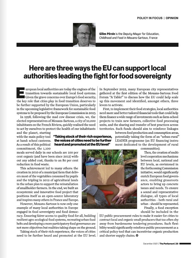 📢 Out today in #TheParliamentMagazine! An opinion piece by the Deputy Mayor for Education of Mouans-Sartoux, @GillesPEROLE on how can the <a href="/EU/">EU</a> support cities on their way towards food sovreignity! 

Read the full edition here: library.myebook.com/theparliament/…