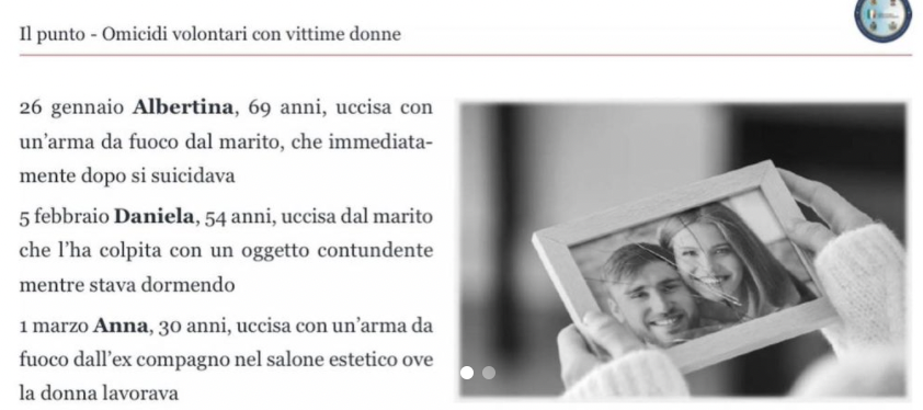 glsiviero's tweet photo. @CarolaMessina C'è anche questa, nella sezione “Donne uccise da partner o ex partner”: un elenco di donne senza cognome con foto di una romantica storia d'amore spezzata. https://t.co/h63AlF1Wlv