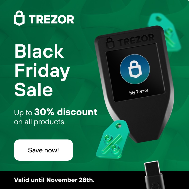 Trezor's tweet photo. Up to 30% off hardware wallets and accessories. Valid until November 28th.