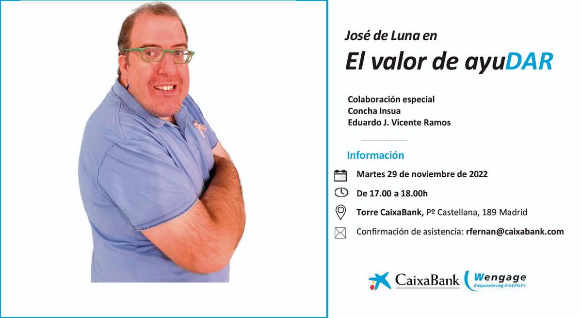 Últimas plazas para asistir a la charla #elvalordeayuDAR el martes 29 noviembre en auditorio Torre <a href="/caixabank/">CaixaBank</a> Madrid. Un encuentro cargado de valores q cautivará a todo el público.!No te quedes sin tu plaza! Inscribete✍️