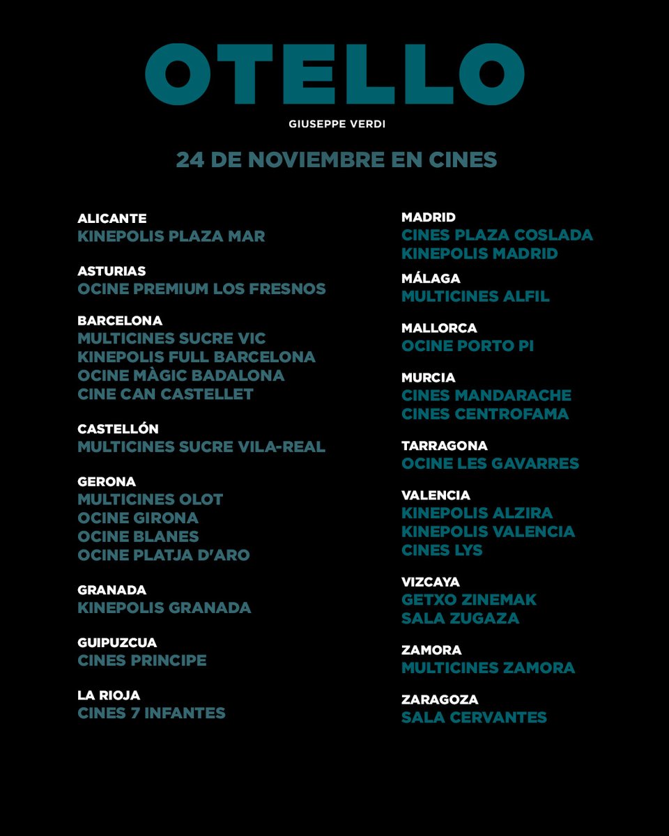 versiondigital's tweet photo. Hoy se estrena Otello en 28 cines de España. Una coproducción entre el Festival de Ópera de Macerata y el Festival Castell de Peralada, este Otello fue el ganador del Premio Campoamor a la mejor producción de 2015.
SOLO HOY EN CINES.
#Otello #Operaencines #Verdi https://t.co/jXTXyBnA2y