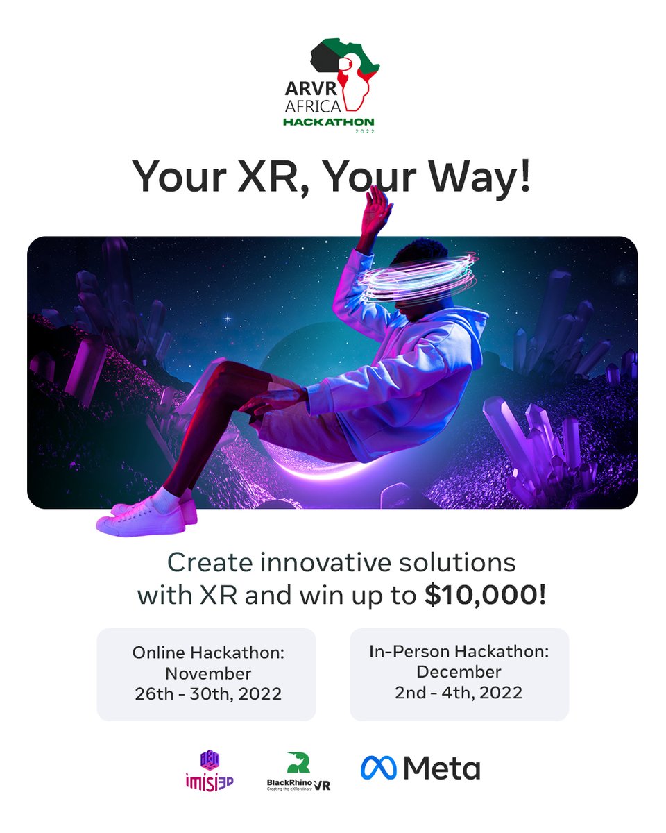 We're excited to deliver this year's #AR/#VR  Hackathon!🎉 with <a href="/ARVRAfrica/">ARVR Africa</a> &amp; <a href="/Meta/">Meta</a> 

#Opportunity for the Ugandan #XR ecosystem to team up towards developing innovative solutions for healthcare, business, education...Prizes up to USD 10,000! Registration: forms.gle/URCT3R4mK1YXMk…