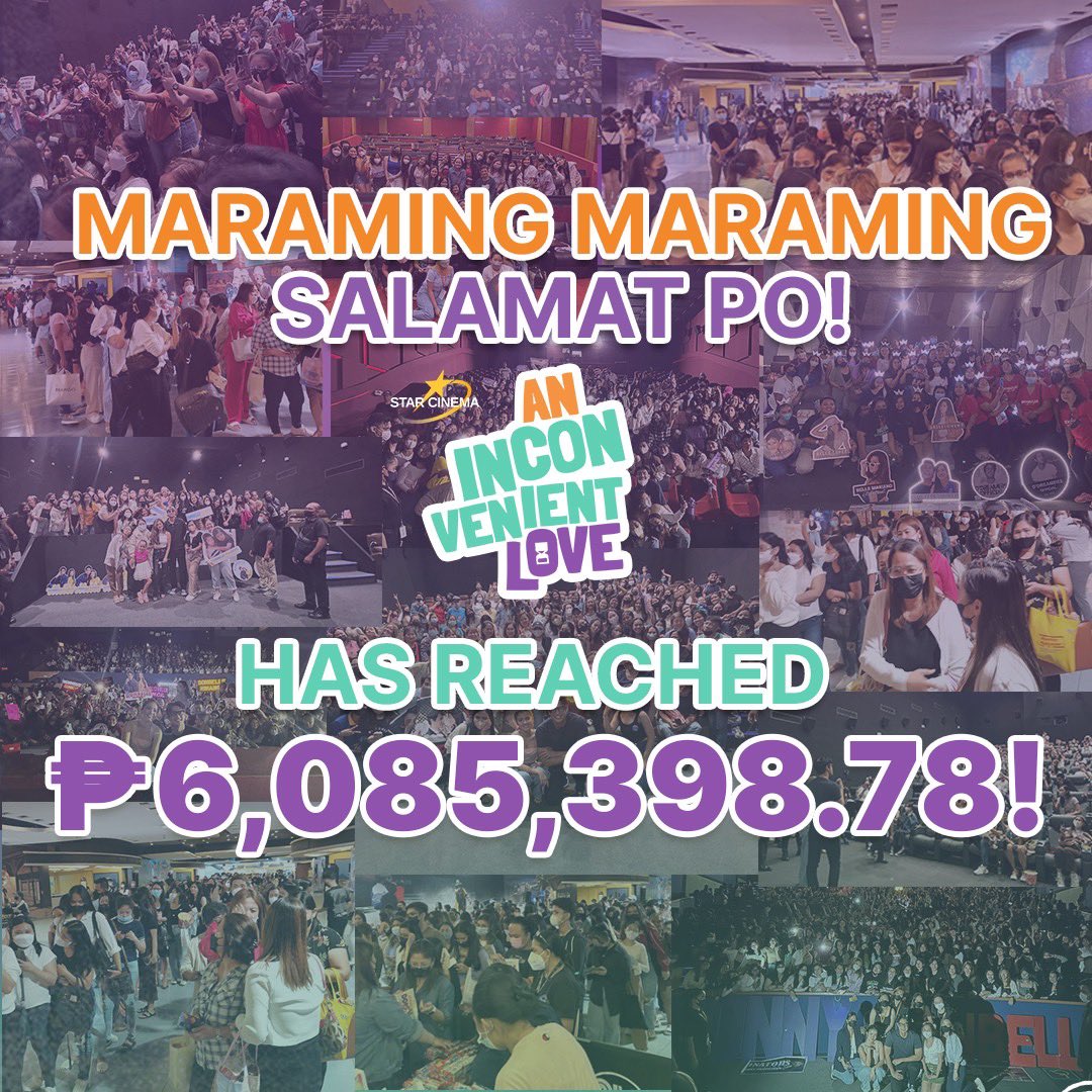 StarCinema's tweet photo. SIX MILLION HUGS sa inyong lahat na nakasama namin sa pagbabalik sa mga sinehan! We celebrate this success with you!

MARAMING MARAMING SALAMAT AND SEE YOU IN THE CINEMAS! 🤗

#AnInconvenientLove https://t.co/uo5s2FeI49
