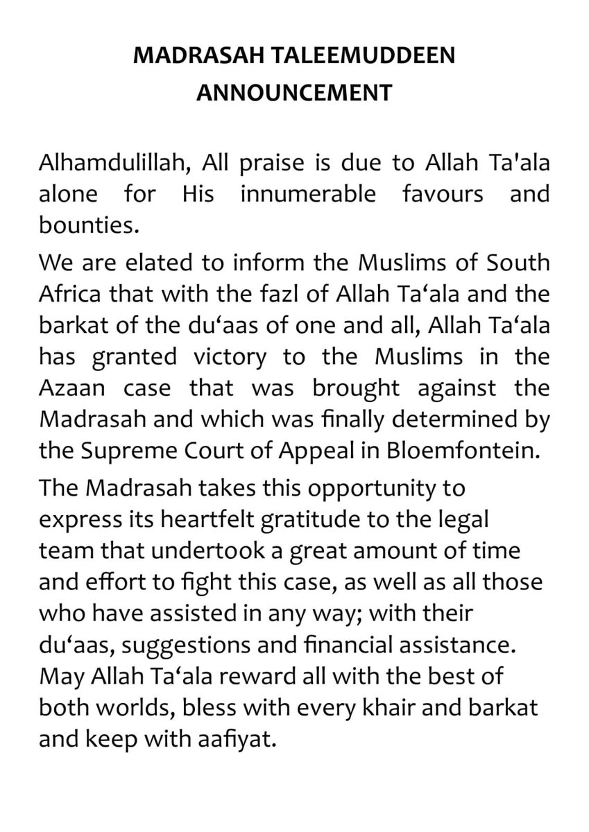 Radio Islam on Twitter "BREAKING Isipingo mosque Azaan ban SCA rules