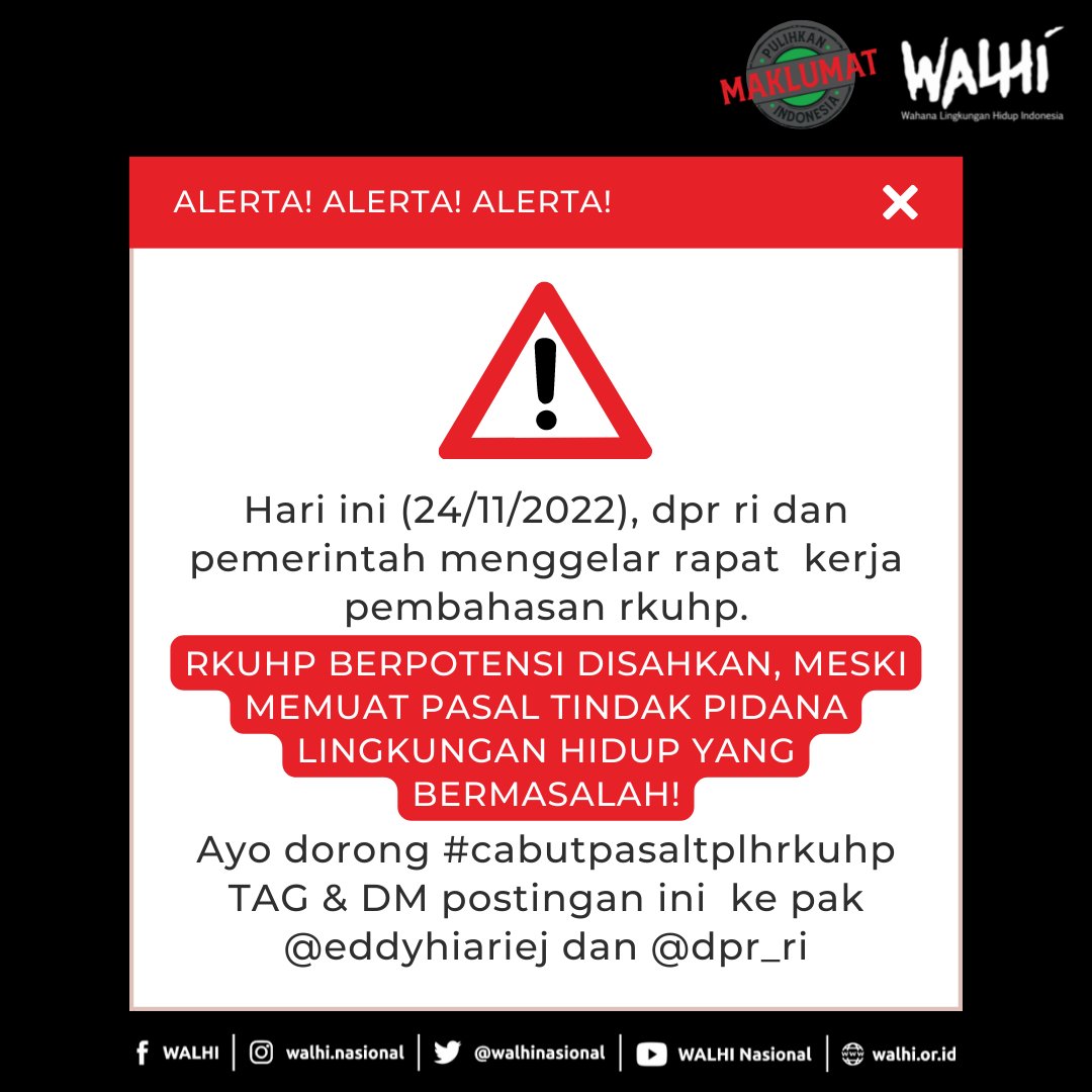 walhinasional's tweet photo. Hari ini(24/11/2022), Komisi III @dpr_ri menggelar rapat kerja dengan Menteri Hukum &amp; HAM RI untuk membahas Penyempurnaan RKUHP. Sayangnya, bukannya melakukan perubahan perbaikan, sejumlah anggota dewan mendesak untuk segera mengesahkan RKUHP.
#CabutPasalTPLHRKUHP
#SemuaBisaKena https://t.co/J3iq65anWy