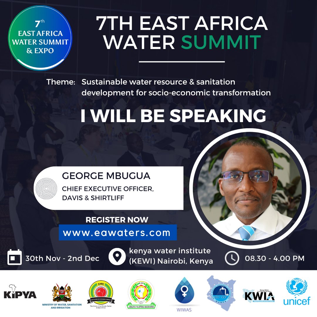 We invite you to attend the 7th EA Water summit, where <a href="/DavisShirtliff/">Davis & Shirtliff</a>  will talk about Governance and Institutional frameworks as a means to an end in Water Stewardship. Don’t miss out! Register now at eawaters.com/events/registr… 
@minwater_sani <a href="/wiwas_kenya/">Women in Water and Sanitation Association</a> <a href="/WASPAKenya/">WASPA</a> <a href="/UNICEFwater/">UNICEF Water</a>