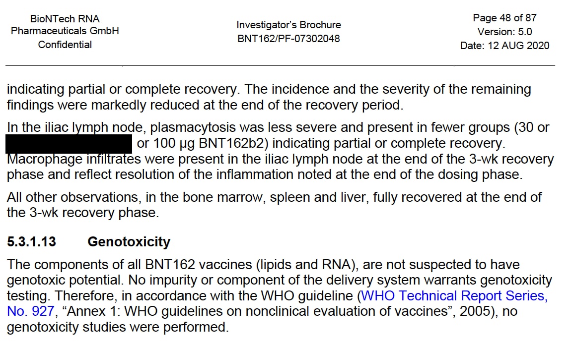 Utilizando una laguna legal creada por los edictos de la OMS, el socio de Pfizer, BioNTech, declaró en 2020 que no tenían que realizar pruebas de genotoxicidad antes de pinchar a miles de millones de personas con su producto experimental.