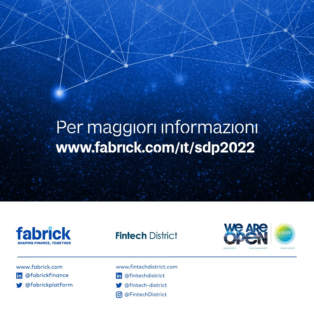 Fabrick (@fabrickplatform) on Twitter photo Che la seconda giornata del #SalonePagamenti abbia inizio!
Non perderti la sessione pomeridiana in cui avremo occasione di discutere di come accelerare la diffusione dell’#OpenFinance.
Ti aspettiamo presso il nostro Speakers' Corner (Stand A01)!
<a href="/Payvolution/">Il Salone dei Pagamenti</a> #weareopen22 Che la seconda giornata del #SalonePagamenti abbia inizio!
Non perderti la sessione pomeridiana in cui avremo occasione di discutere di come accelerare la diffusione dell’#OpenFinance.
Ti aspettiamo presso il nostro Speakers' Corner (Stand A01)!
<a href="/Payvolution/">Il Salone dei Pagamenti</a> #weareopen22