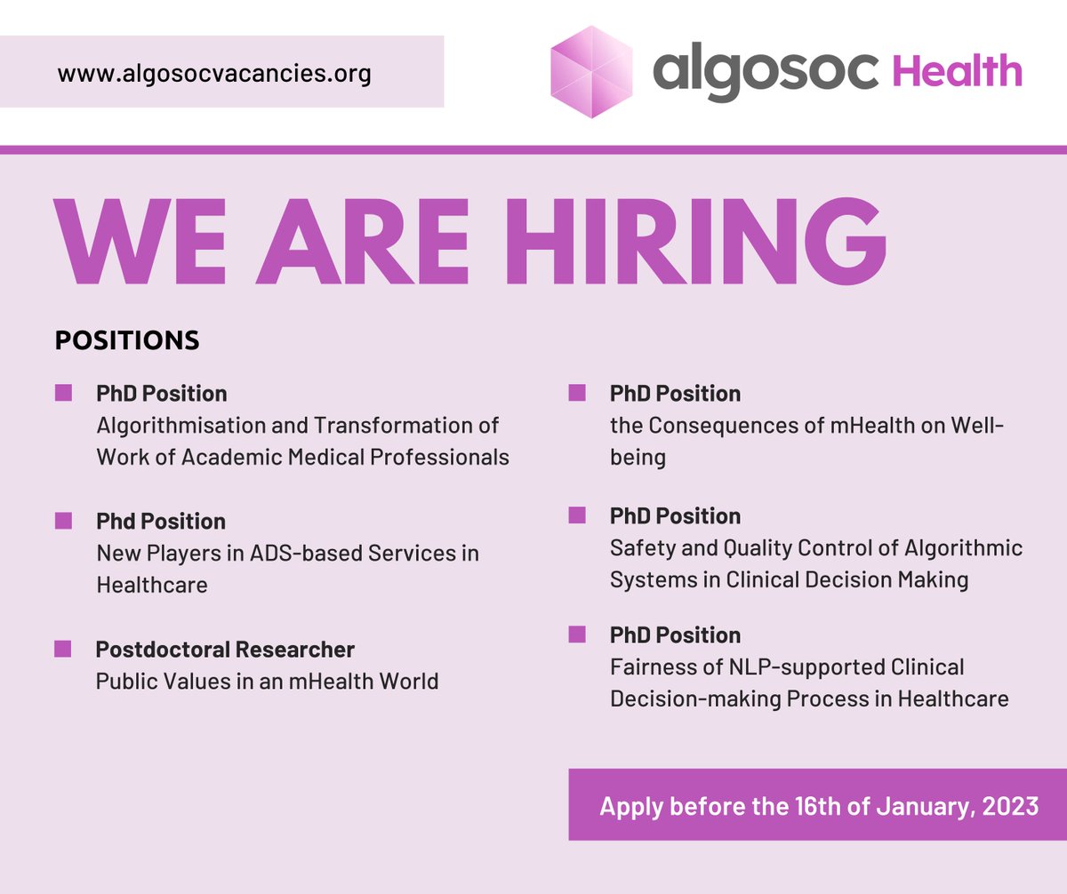 6 exciting research positions in our Health sector! The sectors' key challenge will be to optimize the benefits of automated decision systems while minimizing the risks to public values. For info on the application procedure and other vacancies visit algosocvacancies.org