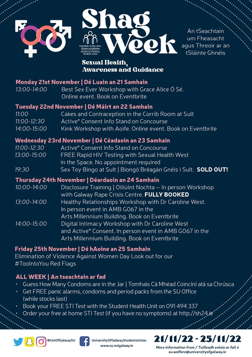 UniOfGalwaySU's tweet photo. Your SU Weekly Email Includes: 

🍆#SHAGweek 
🫖New social space
💋Sult (Taylor’s Version)
🦙Thriftmas Market + Pet Farm
📚Extra Study Space
🎄Christmas Raffle on sale soon
🇺🇸USIT J1 Roadshow

+ Lot's more here: 
https://t.co/fJesiGCXYl

#DoChomhaltas #UniversityofGalway https://t.co/xBxlI4Sv68