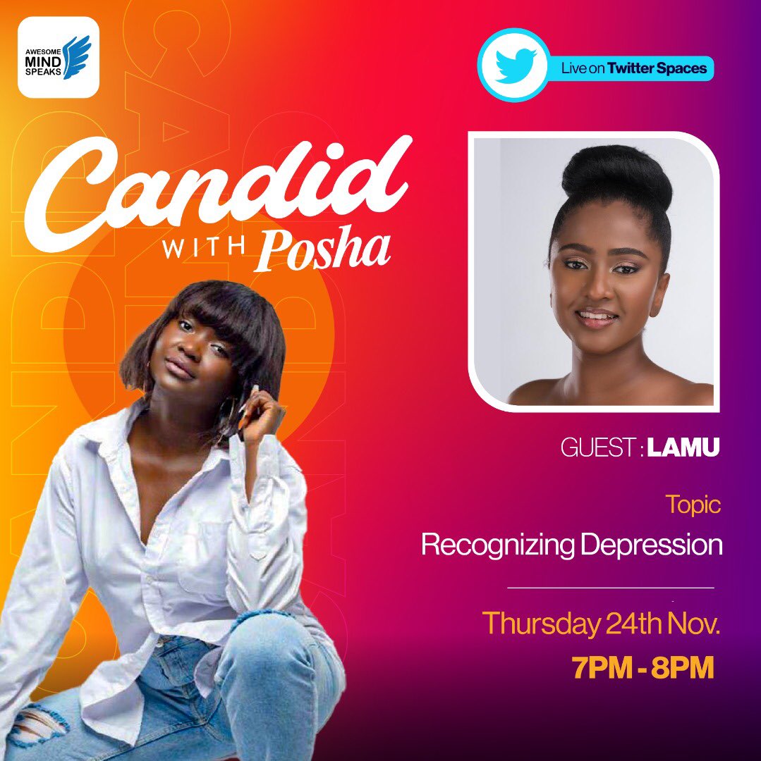 lamusounds's tweet photo. My personal take on #RecognizingDepression with @poshaaloyo Do not miss Today @7pm 💚🥰 #TwitterSpaces https://t.co/swGm5Y0CLX