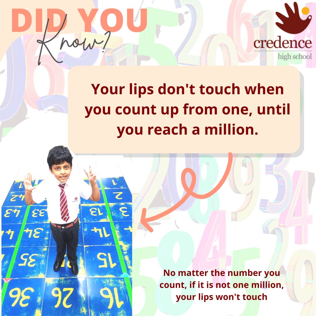 CredenceHigh's tweet photo. Did you know?#2 
'No matter the number you count, if it is not one million, your lips won't touch.'

 #DidYouKnow #indianschool #facts #students #khdadubai #CBSE #school #BestCBSESchool #indiancurriculum #mycredencemypride https://t.co/dAu5O2HNSP