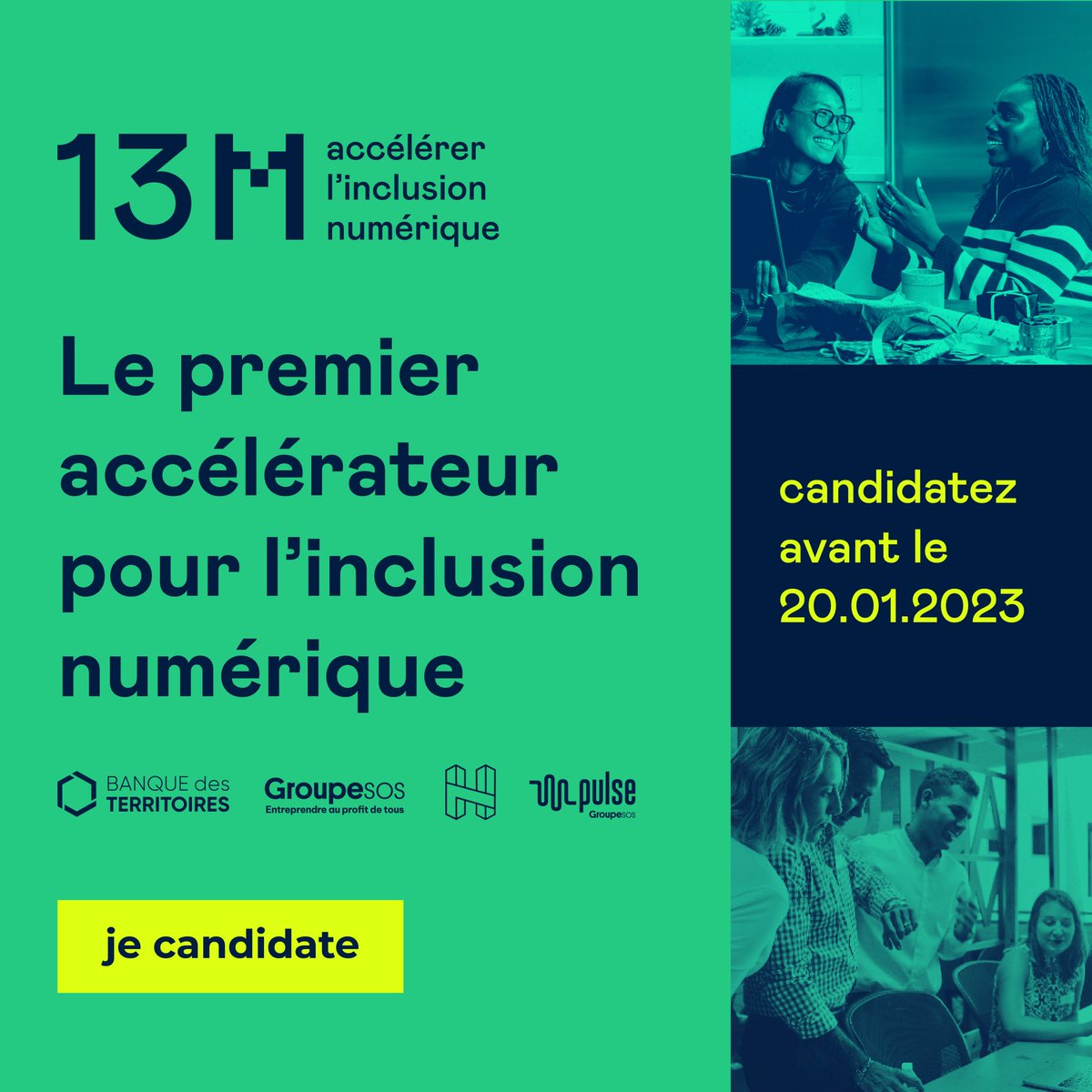 H7 (@h7lyon) on Twitter photo Associations, start-up : envie d'accélérer le développement de votre projet de lutte contre la fracture numérique ?
<a href="/BanqueDesTerr/">Banque des Territoires</a>, <a href="/GroupeSOS/">Groupe SOS</a> et H7 lancent 13M, le 1er accélérateur pour l’inclusion numérique.
Candidatez avant le 20 janvier 2023 👉 h-7.eu/13M Associations, start-up : envie d'accélérer le développement de votre projet de lutte contre la fracture numérique ?
<a href="/BanqueDesTerr/">Banque des Territoires</a>, <a href="/GroupeSOS/">Groupe SOS</a> et H7 lancent 13M, le 1er accélérateur pour l’inclusion numérique.
Candidatez avant le 20 janvier 2023 👉 h-7.eu/13M