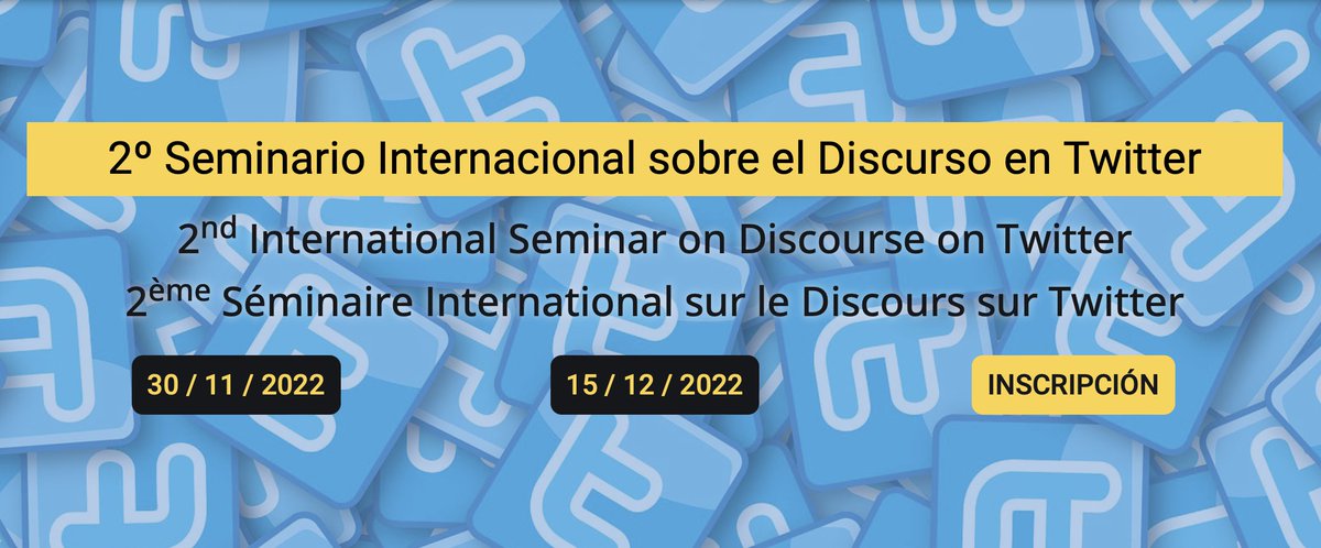 💻 2º Seminario Internacional sobre el Discurso en Twitter
🗓️30 Noviembre (11:00-13:00) y 15 Diciembre (16:00-18:00)
📍Online
⚠️ Inscripción GRATUITA
🔗 twitterdiscourse.es/2o-seminario-t…