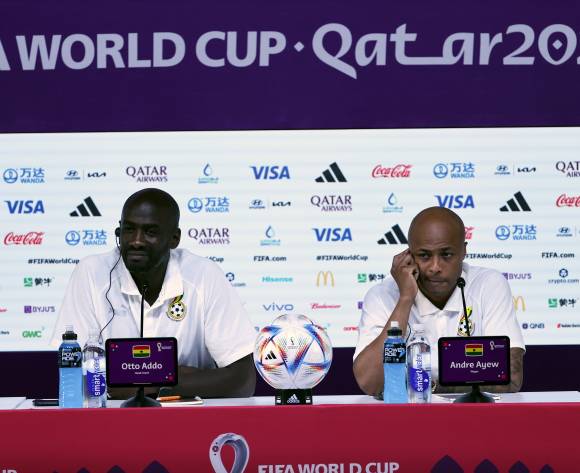 Nano Otto Addo (L), head coach of Ghana, and his player Andre Ayew attend a press conference at Qatar National Convention Center (QNCC) in Doha, Qatar, 23 November 2022. Ghana will face Portugal in the FIFA World Cup 2022 group H on 24 November 2022.

 📷 EPA/ALI HAIDER
