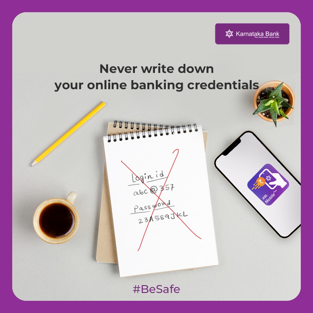KarnatakaBank's tweet photo. DO NOT hold the habit of saving your online banking details in your dairy as anybody can login and transact using your banking details.
#BeSafe and save it only in your mind
#karnatakabank #besafe #bamkingfraudawareness #fraudawareness #bewareoffrauds #bankingfraud #banking https://t.co/FHRpZGl7WT
