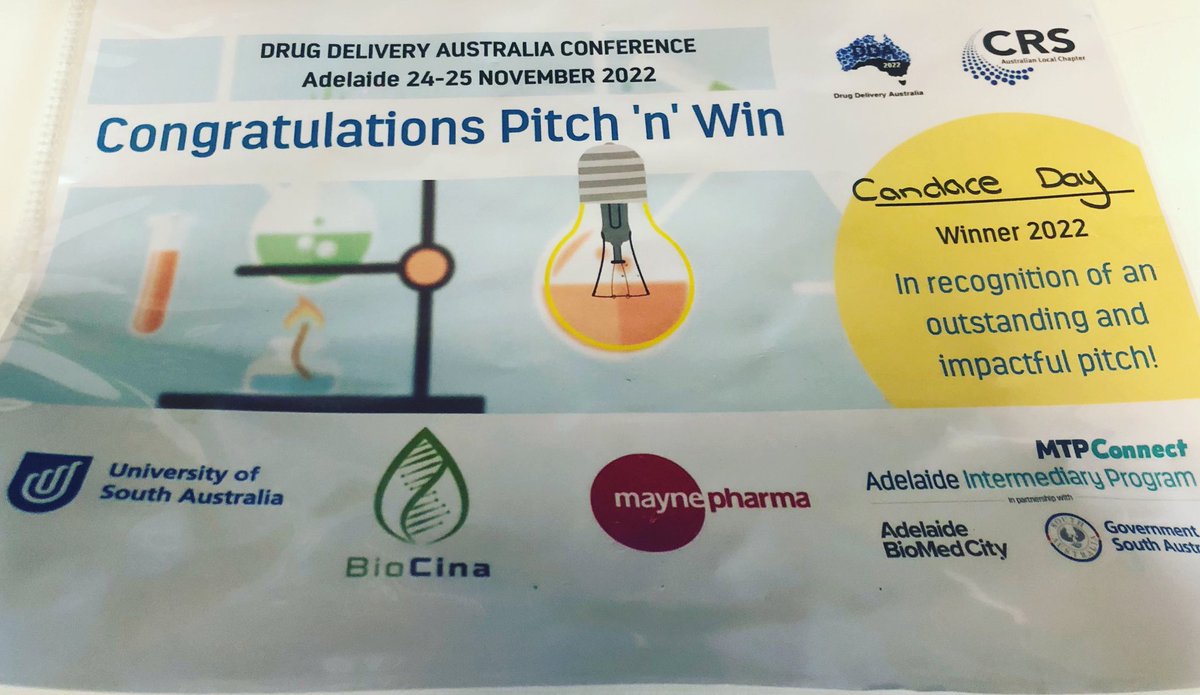 So this happened… I’m speechless (for real!). Thank you so much <a href="/MTPConnect_AUS/">MTPConnect</a> <a href="/UniversitySA/">UniSA</a> <a href="/UniSA_CPI/">UniSA Centre for Pharmaceutical Innovation</a> <a href="/AustralianCRS/">Drug Delivery Australia</a> <a href="/PIDG_UniSA/">PIDG UniSA</a>, wonderful judges and all our conference attendees for voting for me! Thank you #DDA2022 for a wonderful day!
