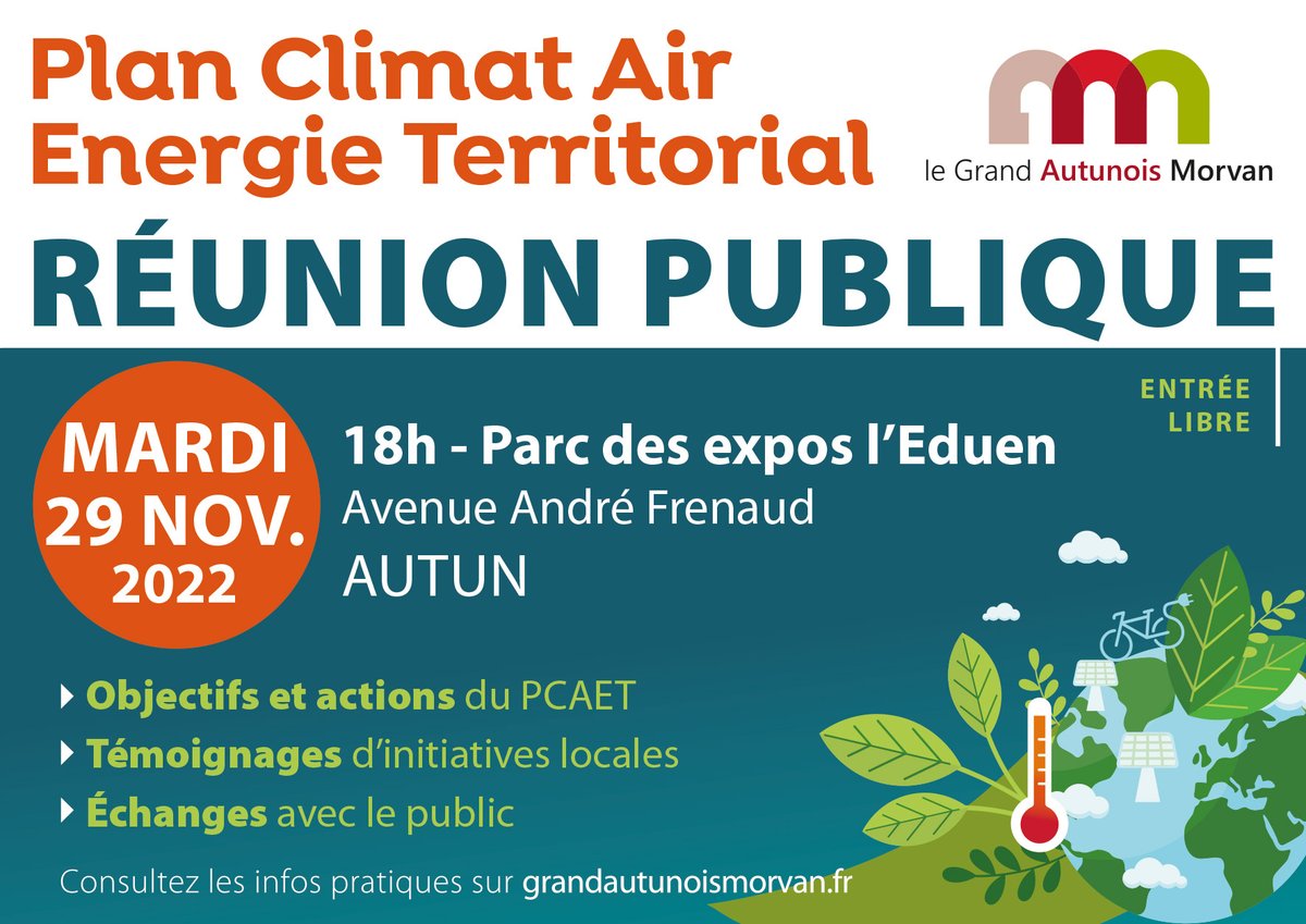 Retrouvez-nous lors de la réunion publique du 29 novembre à 18 h au parc expo d'Autun afin de poursuivre la co-construction du Plan Climat Air Energie Territorial.