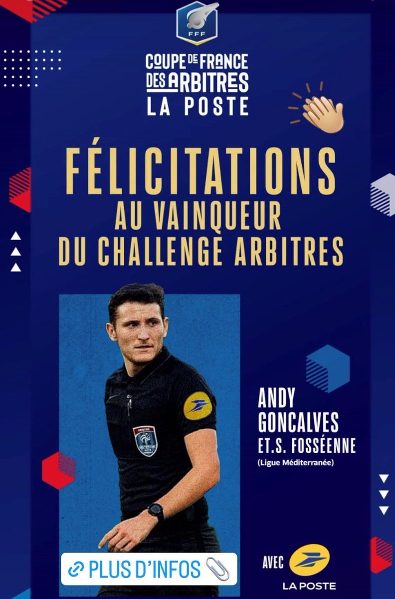 [ARBITRAGE] 👏 La <a href="/lmedfoot/">Ligue Méditerranée</a> félicite Andy Goncalves vainqueur du Challenge National de la Coupe de France des Arbitres <a href="/FFF/">FFF</a> <a href="/GroupeLaPoste/">La Poste Groupe</a> (+80 000 votes). 
▶️2 places pour la Finale de la Coupe de France et du matériel pour son club : ES Fos.
#lmedfoot #FFF #Arbitrage #quiz
