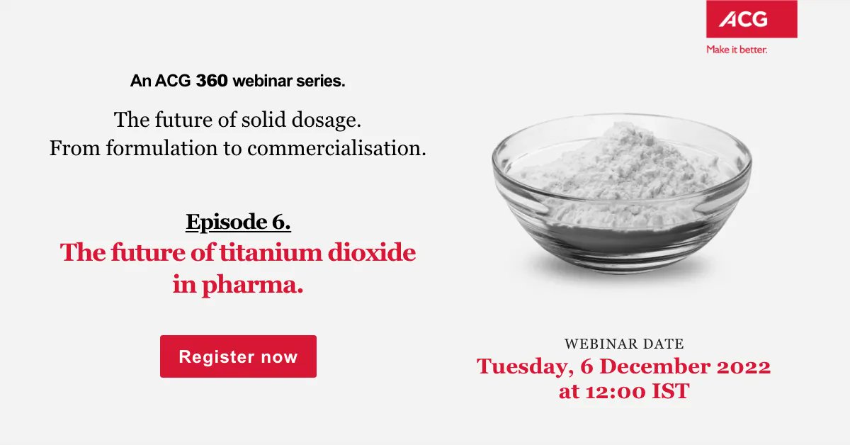 ACGWorld's tweet photo. The EU has banned TiO2 as a food additive. Should that be a concern for pharma? Register for our live webinar to find out more…https://t.co/WOKzbw3tST
#HardCapsules #TiO2 #TitaniumDioxide #Opacifier #SolidOralDosageForm #ACG #ACGCapsules #ACG360Webinar #MakeItBetter https://t.co/Ds3tUr5sLR