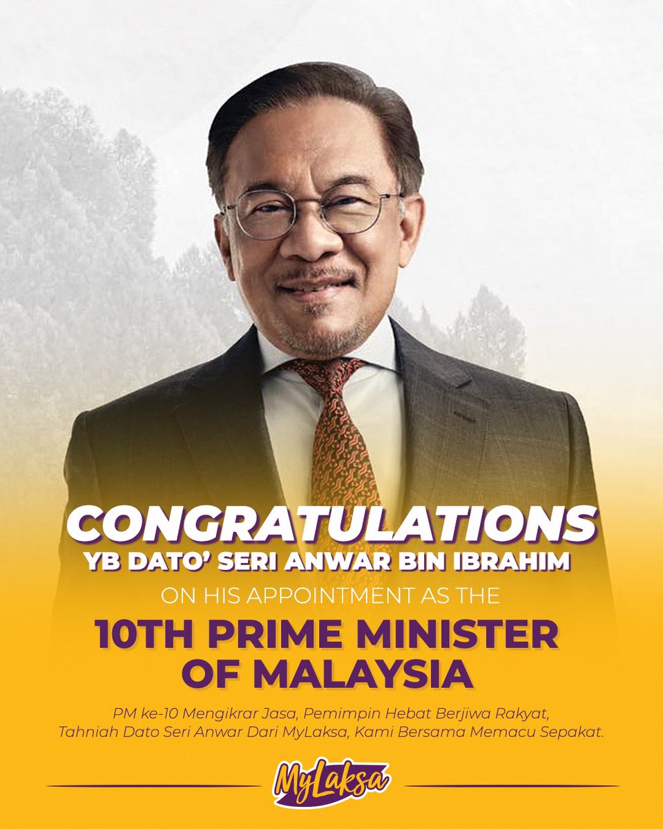 mylaksamy's tweet image. Ikrar Kata Seharum Mawar,
Menghadap Sembah Di-Pertuan Agong,
Sekalung Tahniah Dato Seri Anwar,
Dari MyLaksa Kasih Menjunjung. 💛💜

#MyLaksa #tasteofunity #pm10 #istananegara #tahniah #primeminister #AnwarIbrahim #AnwarIbrahimPM10